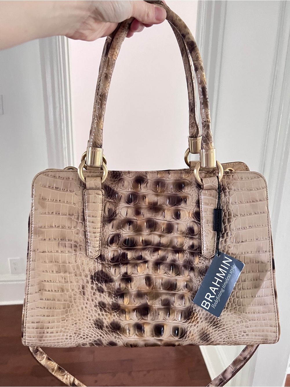 Brahmin Cream and Brown Croc-Embossed Top-Handle Satchel